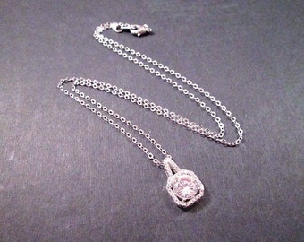 Cubic Zirconia Necklace, White Crystal and Pave Pendant, Silver Chain Necklace, FREE Shipping