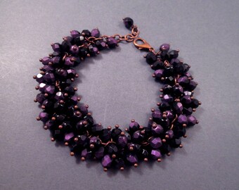 Cha Cha Style Bracelet, Velvet Purple Glass Beaded Bracelet, Copper Charm Bracelet, FREE Shipping