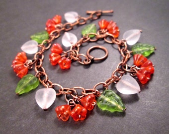 Flower Charm Bracelet, Orange Blossoms, Colorful and Copper Beaded Bracelet, FREE Shipping