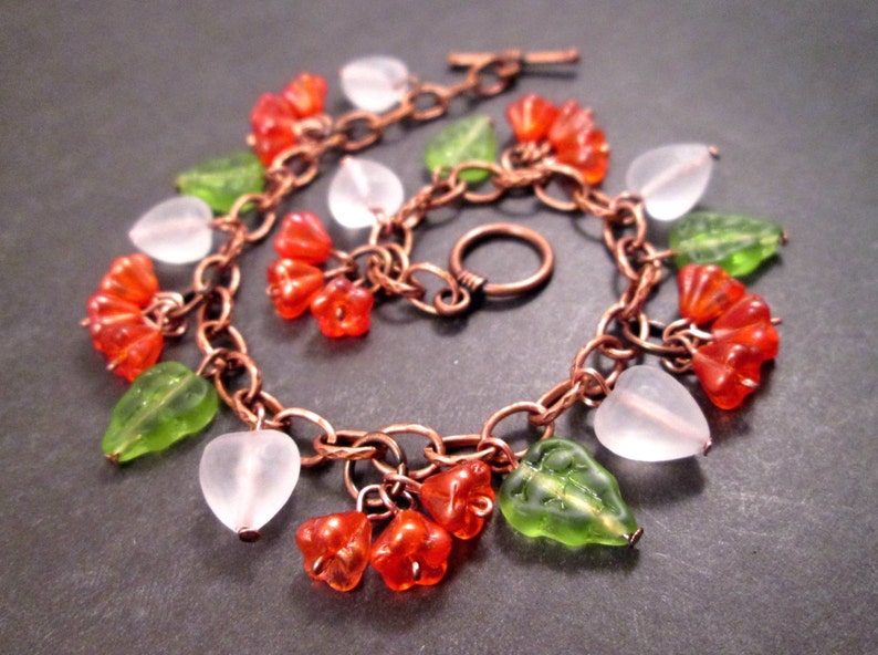 Flower Charm Bracelet, Orange Blossoms, Colorful and Copper Beaded Bracelet, FREE Shipping image 1