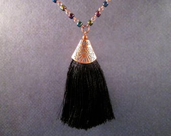 Tassel Necklace, Black Rayon Tassel Pendant, Metallic Glass Beaded Copper Chain Necklace, FREE Shipping