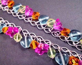 Silver Beaded Bracelet, Colorful Glass, Flowers and Hearts Charm Bracelet, FREE Shipping