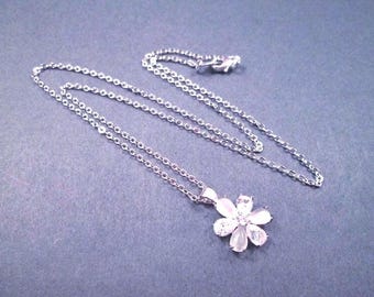 Cubic Zirconia Necklace, White CZ and Moonstone Flower Pendant, Silver Chain Necklace, FREE Shipping