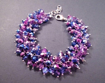 Silver Cha Cha Bracelet, Blue and Purple Half Mirrored Glass Beaded, Silver Chain Bracelet, FREE Shipping