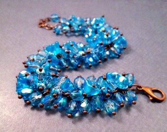 Cha Cha Style Flower Bracelet, Aqua Blue Bouquet, Copper Chain Bracelet, FREE Shipping