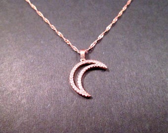 Crescent Moon Pendant Necklace, Rose Gold Chain Necklace, White Glass Rhinestone Pave Necklace, FREE Shipping