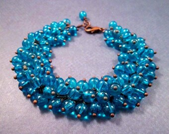 Cha Cha Style Bracelet, Teal Blue Glass Beaded, Copper Wire Wrapped Charm Bracelet, FREE Shipping