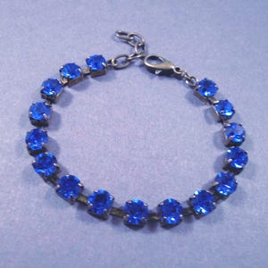 Rhinestone Bracelet, Sapphire Blue Glass Rhinestone and Brass Cup and Stone Beaded Bracelet, FREE Shipping
