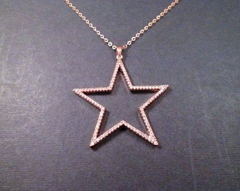 Cubic Zirconia Necklace, Pave Star Pendant Necklace, Rose Gold Chain Necklace, FREE Shipping