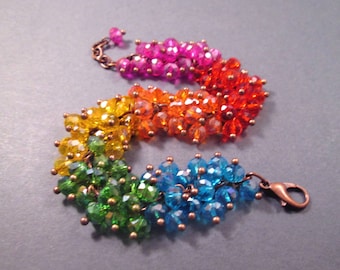 Rainbow Cha Cha Bracelet, Watercolor Glass Beaded Bracelet, Copper Charm Bracelet, FREE Shipping