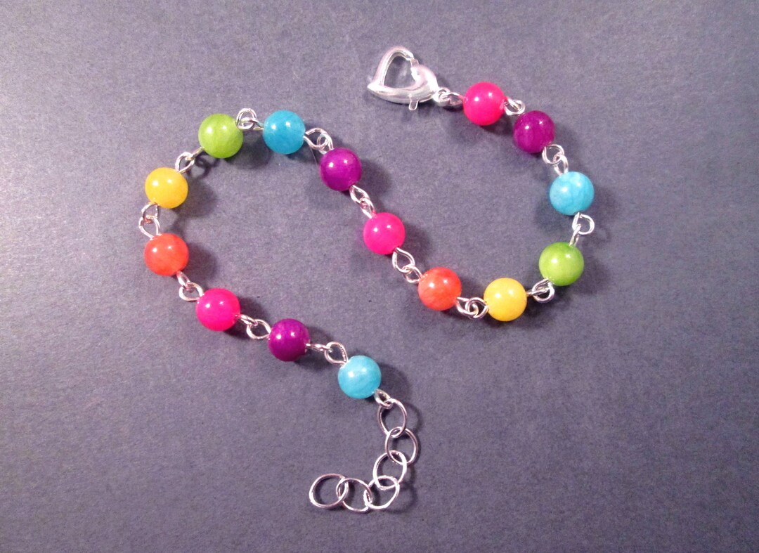 Gemstone Bracelet, Candy Jade Color Mix, Silver Heart Beaded Bracelet ...