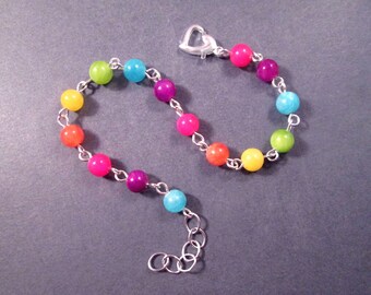 Gemstone Bracelet, Candy Jade Color Mix, Silver Heart Beaded Bracelet, FREE Shipping