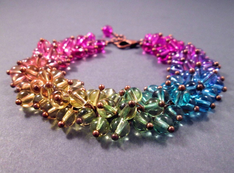 Rainbow Cha Cha Bracelet, Watercolor Glass Beaded Bracelet, Copper Charm Bracelet, FREE Shipping image 3