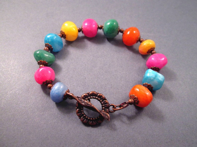 Chunky Gemstone Bracelet, Dyed Jade Nuggets, Colorful and Copper Beaded Bracelet, FREE Shipping image 2