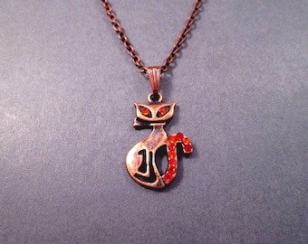 CAT Pendant Necklace, Glass Rhinestone Necklace, Copper Chain Necklace, FREE Shipping