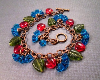 Flower Charm Bracelet, Blue Blossoms, Colorful and Copper Beaded Bracelet, FREE Shipping