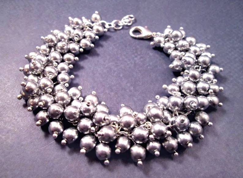 Silver Charm Bracelet, Brushed Silver Glass Beaded Bracelet, Cha Cha Style Bracelet, FREE Shipping image 4