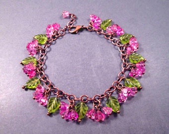 Copper Charm Bracelet, Glass Beaded Bracelet, Pink Bell Flowers and Green Leaves, Beaded Bracelet, FREE Shipping