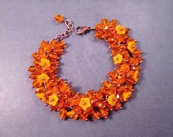 Flower Cha Cha Bracelet, Orange Blossom Bouquet, Glass Beaded Bracelet, Copper Charm Bracelet, FREE Shipping