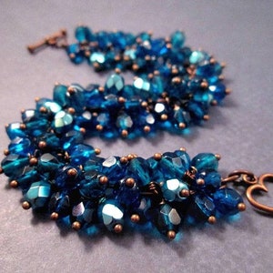 Copper Wire Wrapped Bracelet, Capri Blue and Teal Beaded, Cha Cha Style Bracelet, FREE Shipping