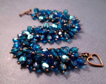 Copper Wire Wrapped Bracelet, Capri Blue and Teal Beaded, Cha Cha Style Bracelet, FREE Shipping