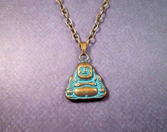 Buddha Necklace, Verdigris Patina Finish, Brass Chain Necklace, FREE Shipping