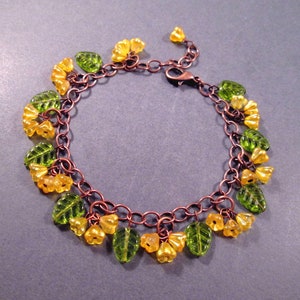 Copper Charm Bracelet, Flower Beaded Bracelet, Yellow Bells and Green Leaves, Glass Beaded Bracelet, FREE Shipping image 2