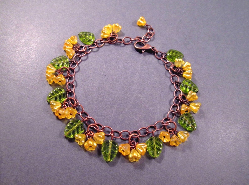 Copper Charm Bracelet, Flower Beaded Bracelet, Yellow Bells and Green Leaves, Glass Beaded Bracelet, FREE Shipping image 2