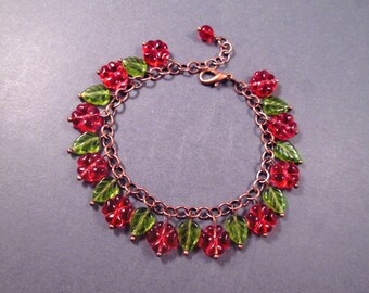 Copper Charm Bracelet, Red Flower Bracelet, Rose Red and Leaf Green, Glass Beaded Bracelet, FREE Shipping