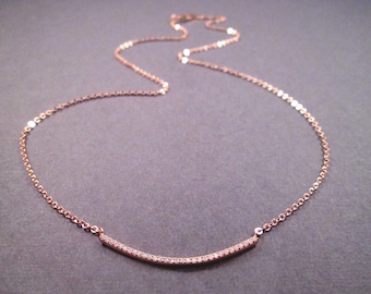 Pave Bar Necklace, White Cubic Zirconia Pendant, Rose Gold Chain Necklace, FREE Shipping