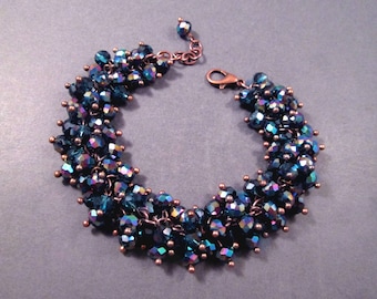 Cha Cha Style Bracelet, Bayou Blue Glass Beaded, Copper Charm Bracelet, FREE Shipping