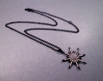 Gunmetal Black North Star Necklace, White Glass Pave Pendant, Silver Chain Necklace, FREE Shipping