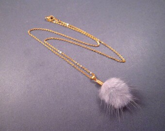 FUR Pom Pom Necklace, Natural Gray Mink Pendant Necklace, Gold Chain Necklace, FREE Shipping