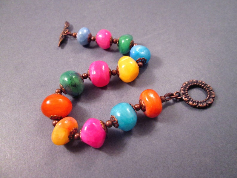 Chunky Gemstone Bracelet, Dyed Jade Nuggets, Colorful and Copper Beaded Bracelet, FREE Shipping image 3