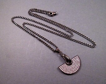 Pave Fan Necklace, White Cubic Zirconia on Black, Gunmetal Silver Pendant Necklace, FREE Shipping