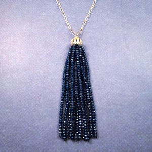 Tassel Necklace, Midnight Blue Glass Beaded Tassel and Pave Pendant Necklace, Gold Chain Necklace, FREE Shipping