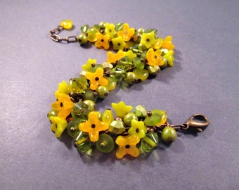 Brass Cha Cha Bracelet, Yellow Orange and Green, Spring Flower Bouquet, Glass Beaded Charm Bracelet, FREE Shipping