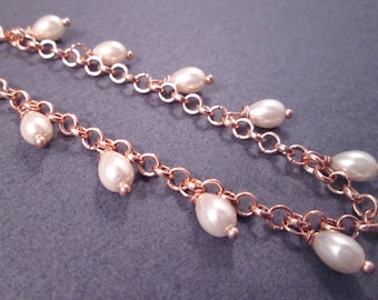 Glass Pearl Bracelet, White Teardrop Pearls and Rose Gold Chain, Beaded Charm Bracelet, FREE Shipping
