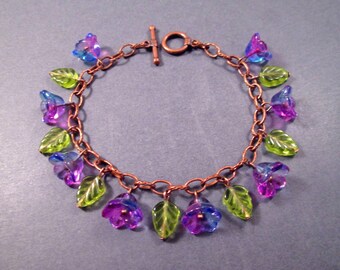 Flower Charm Bracelet, Purple and Blue Tulips, Green Glass Leaves, Copper Chain Bracelet, FREE Shipping