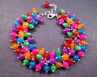 Silver Cha Cha Bracelet, Rainbow Colors, Glass Beaded Bracelet, FREE Shipping