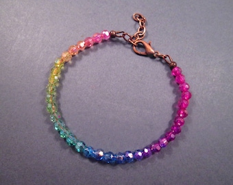 Rainbow Bracelet, Watercolor Glass Beaded Bracelet Copper Chain Bracelet, FREE Shipping