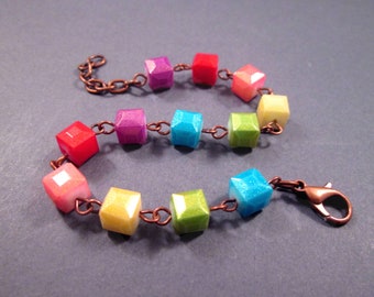 Rainbow Bracelet, Glass Cubes, Colorful and Copper Beaded Bracelet, FREE Shipping