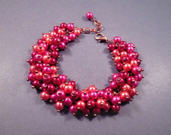 Cha Cha Style Bracelet, Pink Red and Orange Glass Pearl Beaded Bracelet, Copper Chain Link Bracelet, FREE Shipping