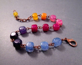 Gemstone Bracelet, Rainbow Tourmaline Beaded Bracelet, Copper Chain Bracelet, FREE Shipping