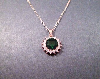 Cubic Zirconia Necklace, Emerald Green and White Pendant, Rose Gold Chain Necklace, FREE Shipping