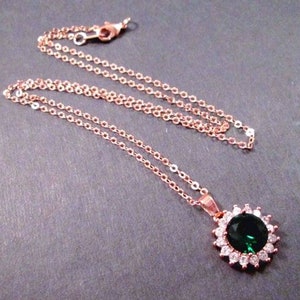Cubic Zirconia Necklace, Emerald Green and White Pendant, Rose Gold Chain Necklace, FREE Shipping
