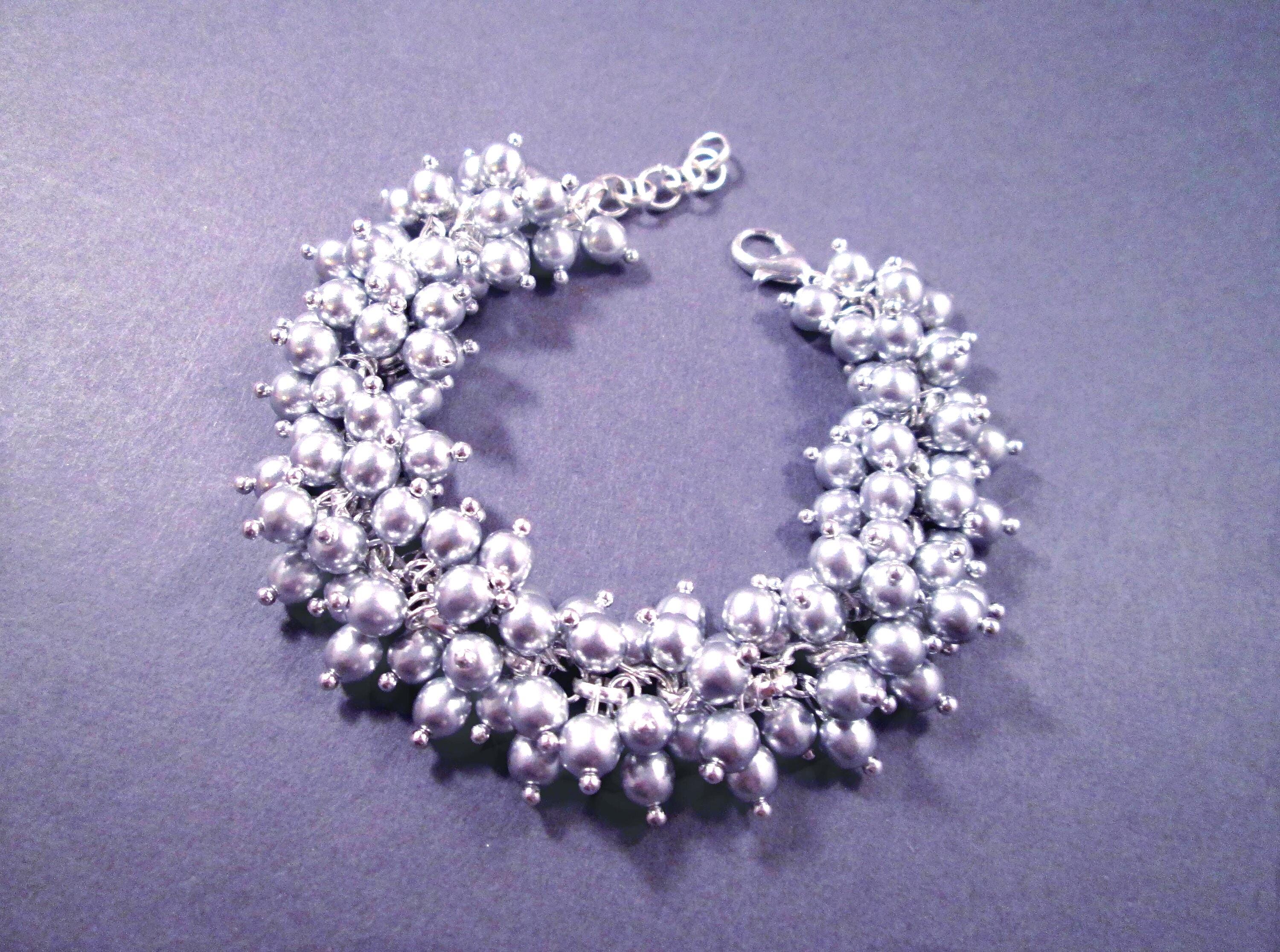 Silver Charm Bracelet, Brushed Silver Glass Beaded Bracelet, Cha