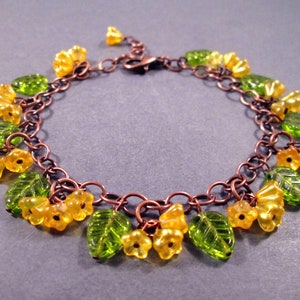 Copper Charm Bracelet, Flower Beaded Bracelet, Yellow Bells and Green Leaves, Glass Beaded Bracelet, FREE Shipping image 3