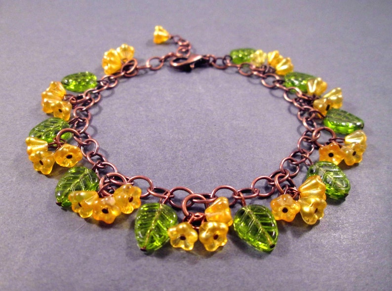 Copper Charm Bracelet, Flower Beaded Bracelet, Yellow Bells and Green Leaves, Glass Beaded Bracelet, FREE Shipping image 3