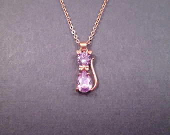 CAT Necklace, Amethyst Purple Cubic Zirconia Pendant, Rose Gold Chain Necklace, FREE Shipping